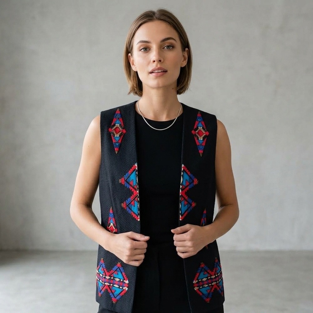 VTG Milo Dallas Beaded Southwestern Vest Black Geometric Aztec Longline